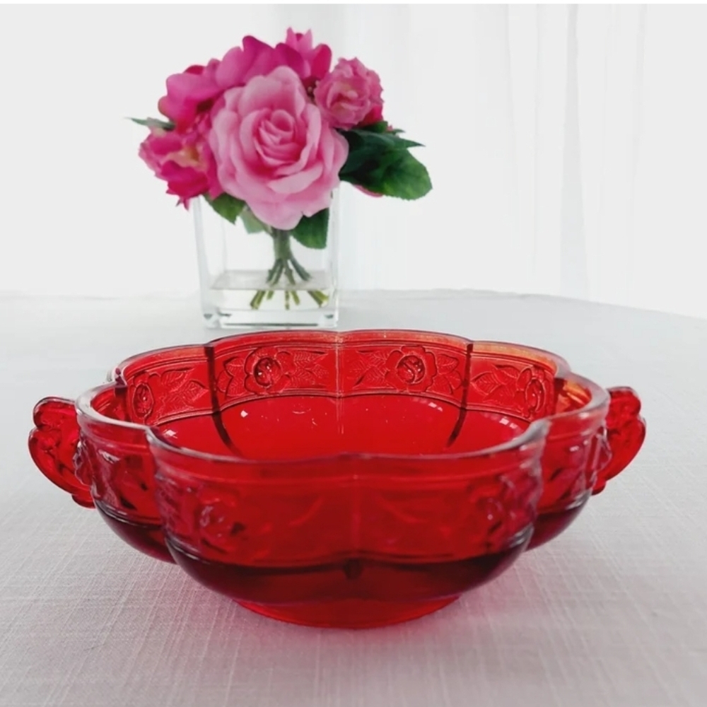 Jeanette Glass AZTEC ROSE Red Flashed Decorative Bowl 1950s